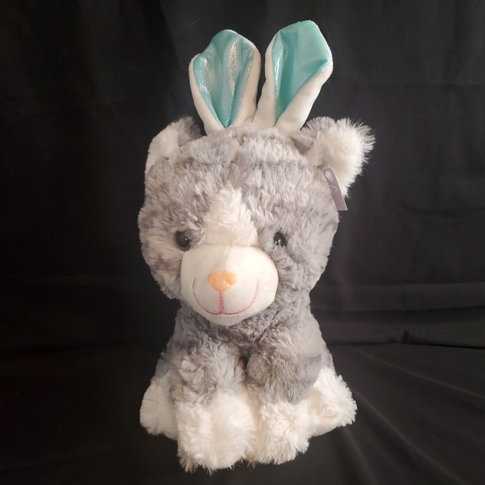 Inter-American Gray‎ Tabby Cat Easter Plush Wearing Blue Bunny Rabbit Ears 12"
